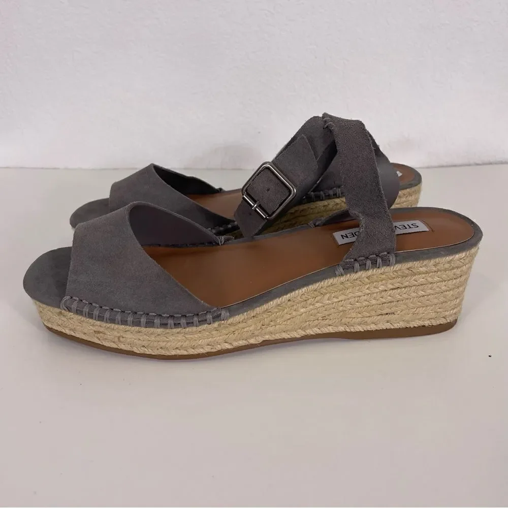 Steve Madden Elody Grey Leather Suede Espadrille Platform Sandals‎